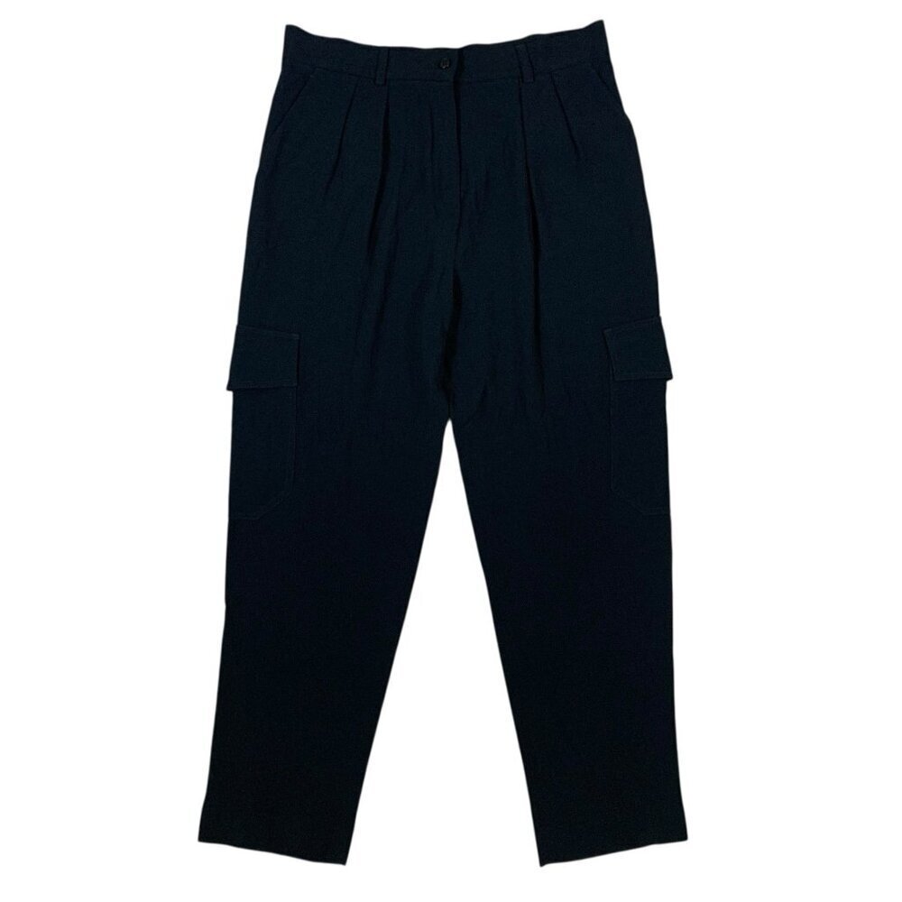 Vintage Tessuto Black‎ Pleated Cargo Pants Tapered Leg High Waist Italian 46